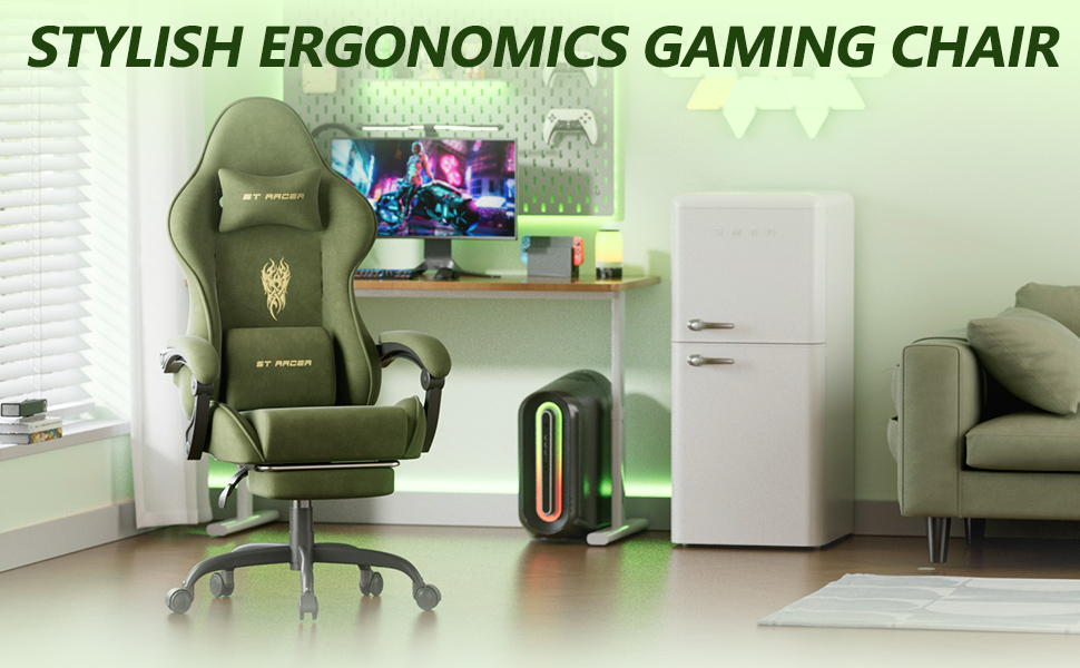 Геймерське крісло Ferghana Ergonomisch LW210: зручне крісло для комп'ютера з підголівником, подушкою для попереку, підлокітниками та підставкою для ніг (Зелений)