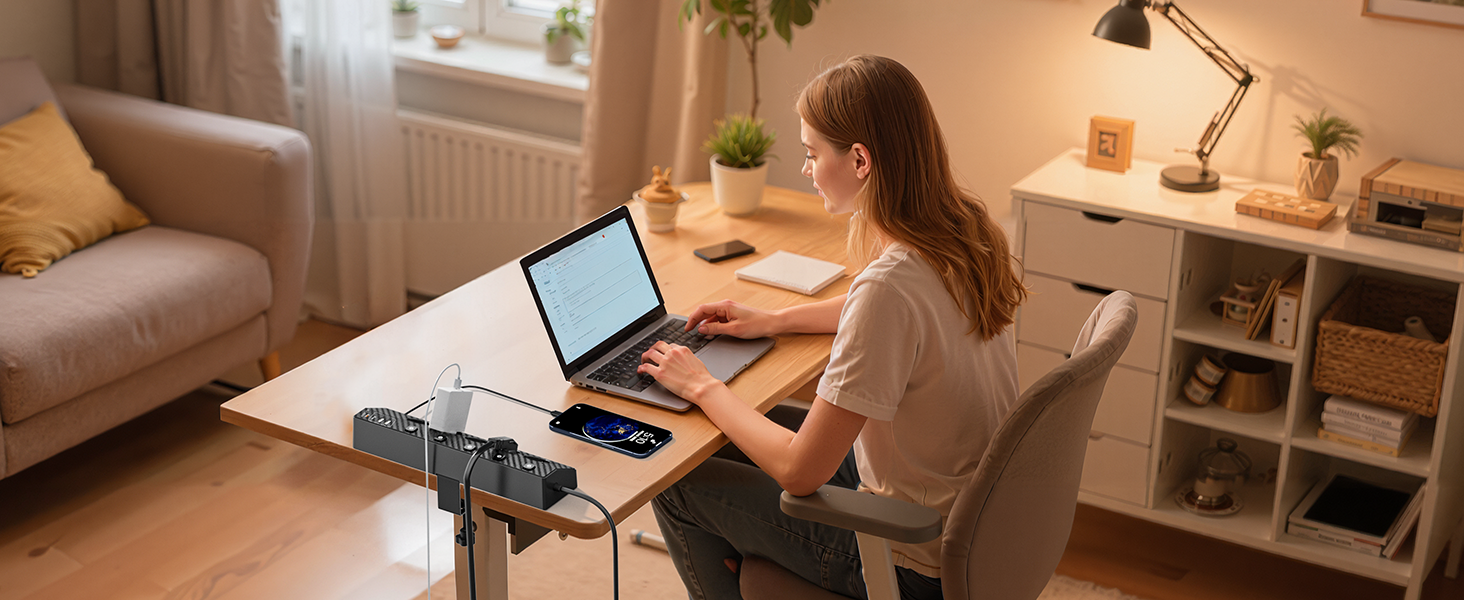 Мережевий адаптер PASSUS з 5 розетками, 2 USB-C (PD 30W), захист від перенапруги, індивідуальне вмикання, 10-в-1, з кабелем 2м, для офісу, чорний