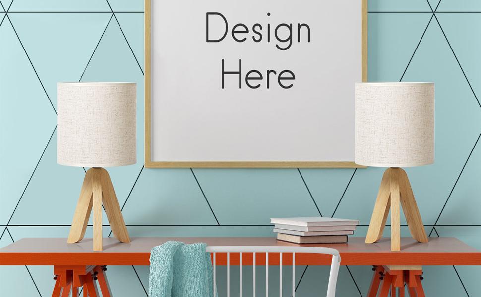 Настільна лампа LIANTRAL 2 шт., Сучасна лампа на ніжці, з абажуром з льону та дерев'яним каркасом, E27, для спальні, вітальні, гуртожитку, кремового кольору