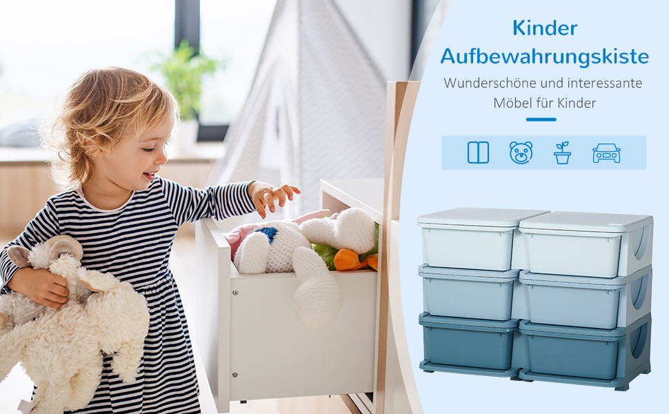 HOMCOM Kids' Storage Chest with Drawers, Toy Organizer, Toy Box, Three Tiers for Children's Room, 3-6 Years, Kids' Furniture, 37 x 37 x 56.5 cm (75L x 37W x 56.5H cm, Blue)