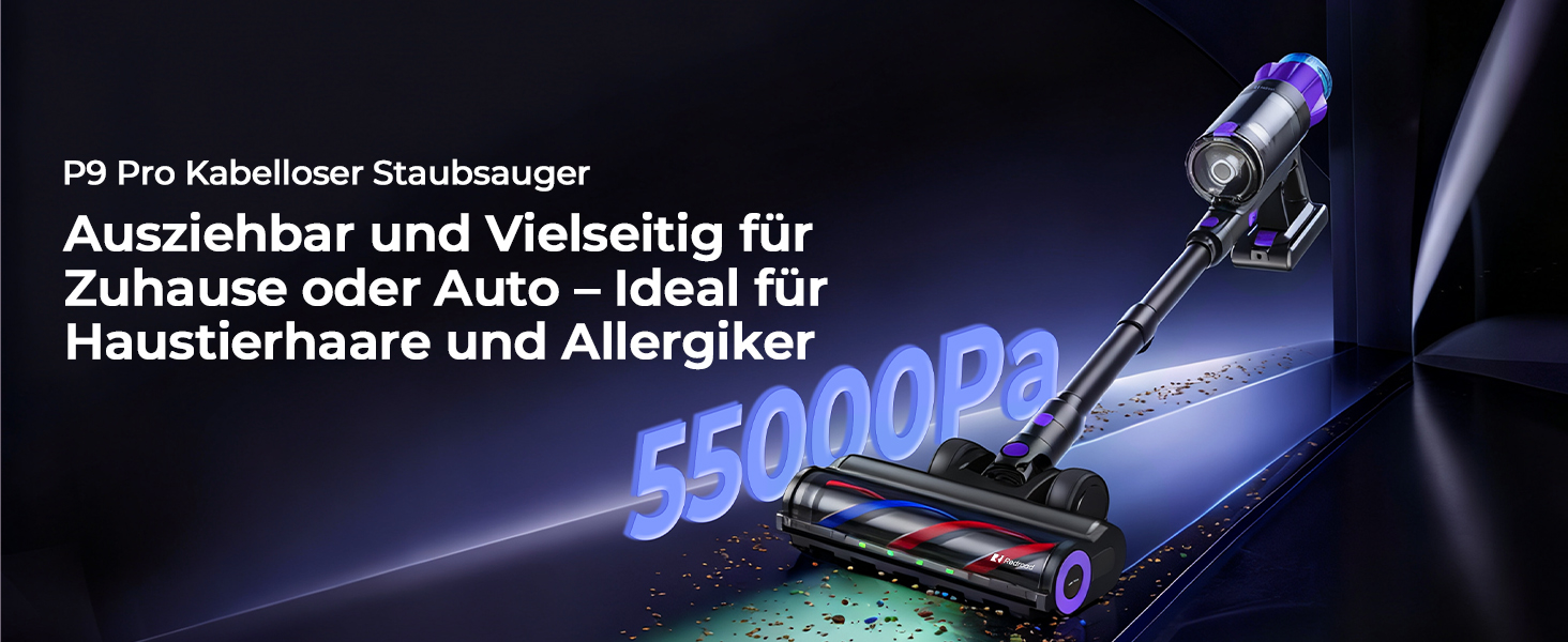 Бездротовий пилосос P9 Pro: потужний акумуляторний пилосос з LED-підсвіткою, 55KPA, 580W, 70 хвилин роботи, антизаплутувальна щітка, для підлоги, килима, шерсті тварин