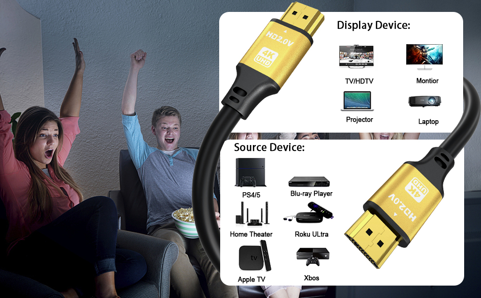 HDMI кабель 4K 25м, Highspeed 2.0, 18Gbps, Ultra HD, Ethernet, Audio Return, HDR, 3D, Arc, сумісний з Xbox, PS5/PS4, HDTV, ноутбук (золотий)