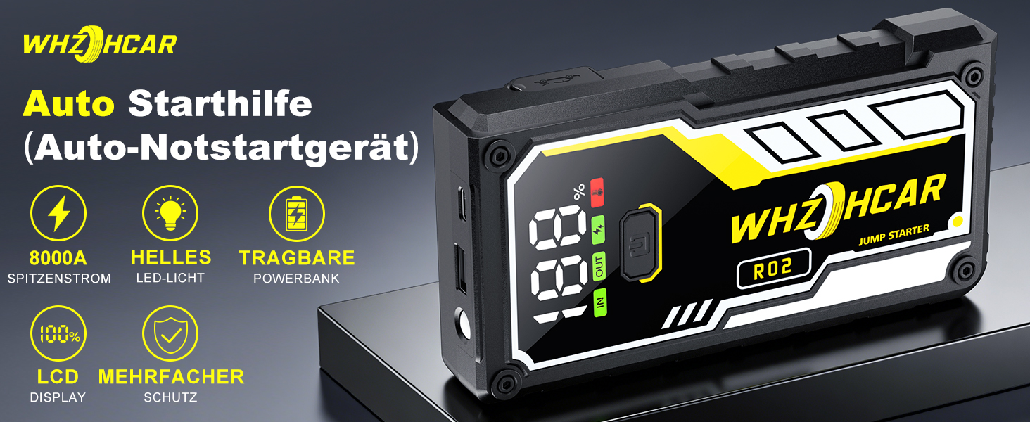 Powerbank для автомобіля 8000A 12V – Пусковий пристрій, бустер для акумулятора, зарядний пристрій для бензинових та дизельних авто (до 10л) з LCD дисплеєм, LED ліхтарем та кабелями для підключення (чорний)