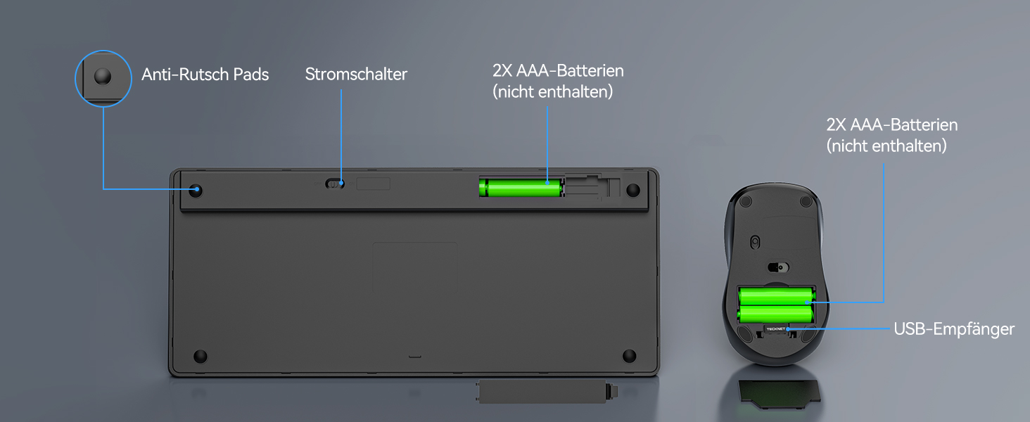 TECKNET Бездротовий Набір Клавіатури та Миші, QWERTZ, 2.4 GHz, 15м, Безшумна Клавіатура та Миша для ПК, Ноутбука, Smart TV, Білий (Сірий)