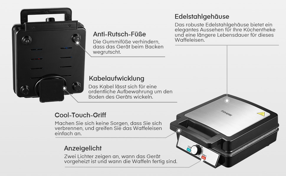 Вафельниця FOHERE з 4 формами, 1200W, бельгійські вафлі, антипригарне покриття, регулятор засмаги, нержавіюча сталь – ідеальна для сімейного сніданку, чорний