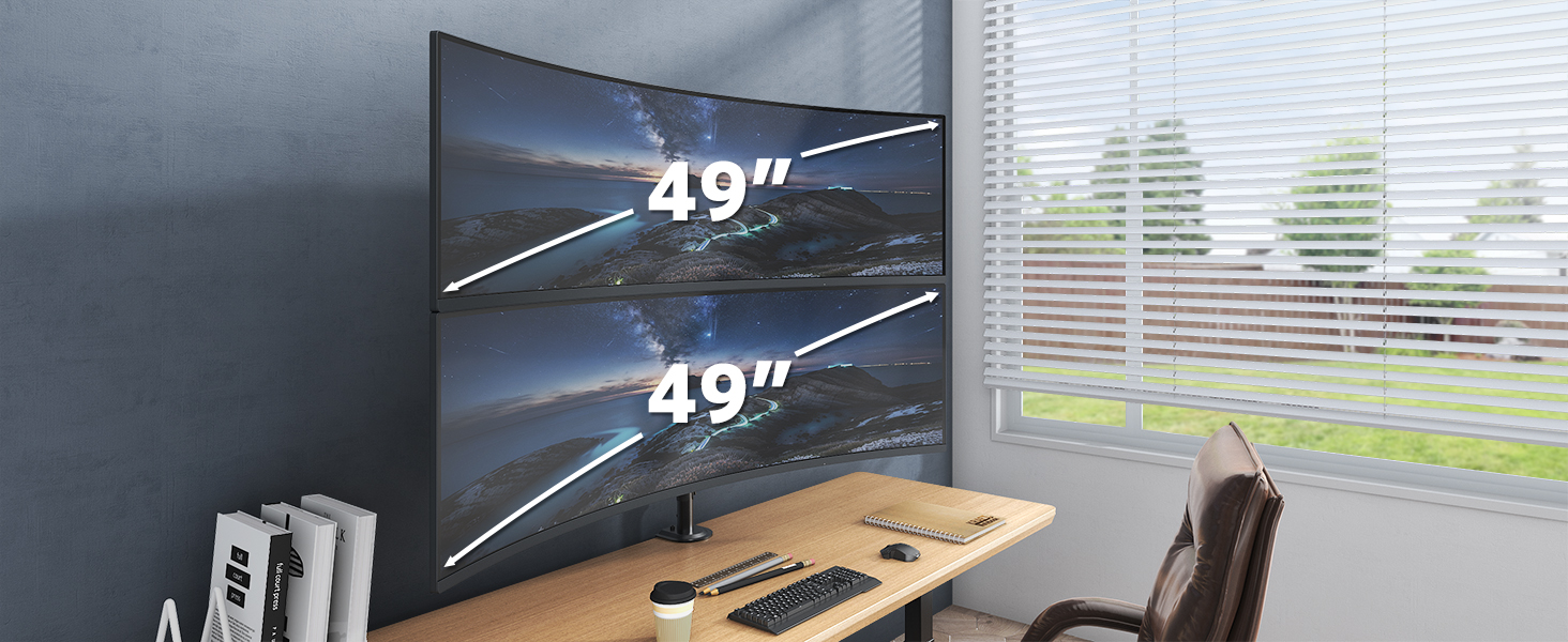 Кріплення для монітора 2 шт. один над одним, 17-49 дюймів, плоскі та вигнуті екрани, вертикальне кріплення, регулювання висоти, 20 кг на кріплення, VESA 75/100 мм, чорний