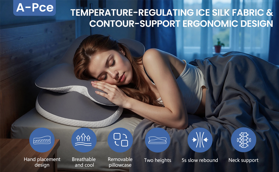 Подушка з піною з пам'яті A-Pce для всіх сплячих положень, ергономічна ортопедична подушка для зняття болю в шиї та плечах, подушка з знімним чохлом, сірого кольору, середньої жорсткості