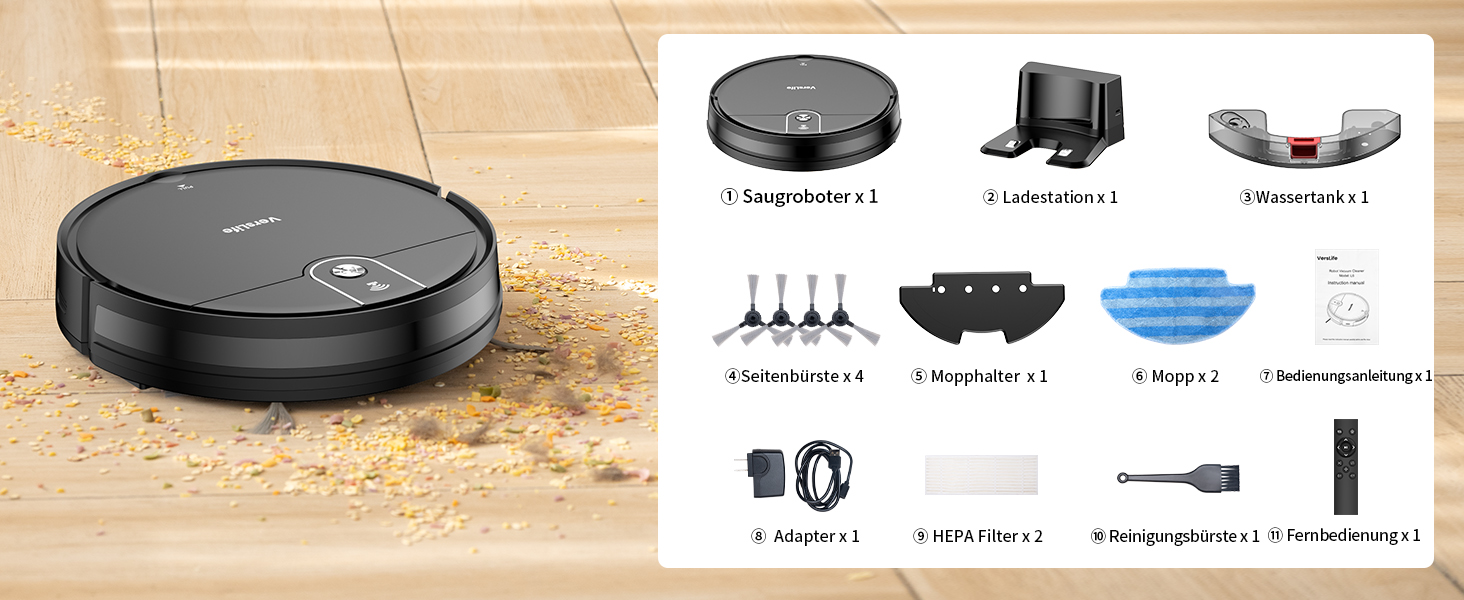 Робот-пилосос VersLife L6 з функцією миття, 4000Pa, керування через додаток, Alexa, до 120 хвилин роботи, ультратонкий дизайн, для шерсті тварин, килимів та твердих підлог, чорний