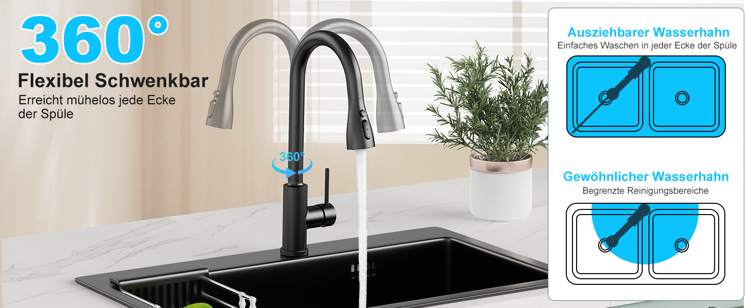 Змішувач кухонний висувний з нержавіючої сталі з 360° обертанням та 4 режимами, для кухонних мийок, з ABS-розпилювачем, підходить лише для ЄС (G3/8)