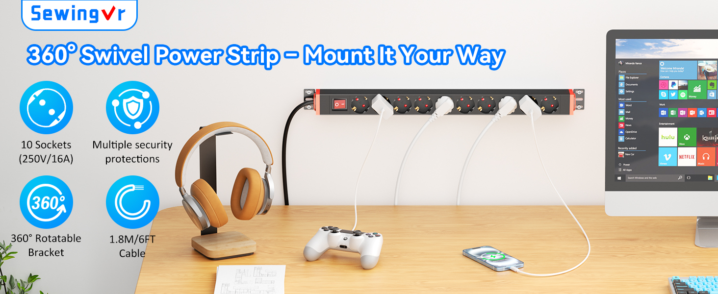 Мережевий фільтр 10 розеток з захистом від перенапруги, поворотний на 360°, для кріплення на стіну, кабель 1,8м, 16A/4000W, для офісу та дому, чорний