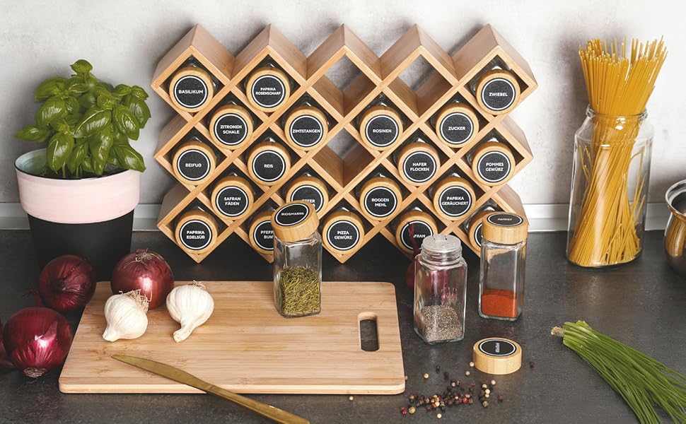 Стильна бамбукова полиця для спецій Adabor - органайзер з 27 скляними баночками, кришками та 144 етикетками