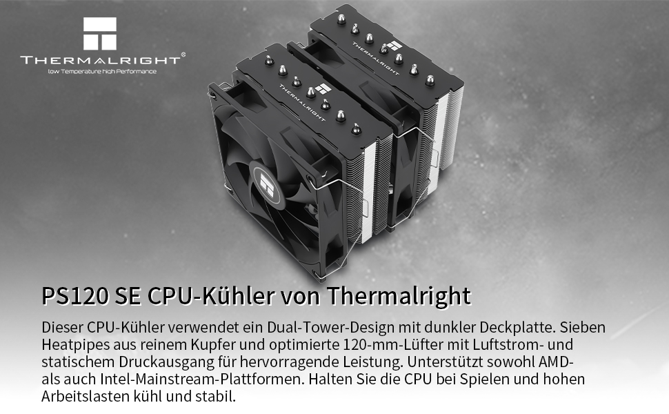 Thermalright Phantom Spirit 120 SE: Повітряний кулер для CPU з 7 heatpipes, 120mm вентилятором, технологією AGHP 4.0 та S-FDB підшипником. Сумісний з AMD AM4/AM5 та Intel 1700/1150/1151/1200 сокетами.
