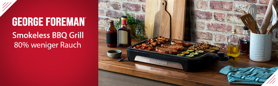 George Foreman Smokeless Grill - Indoor BBQ with Adjustable Temperature, Dishwasher-Safe Grill Plate, and Fat Tray