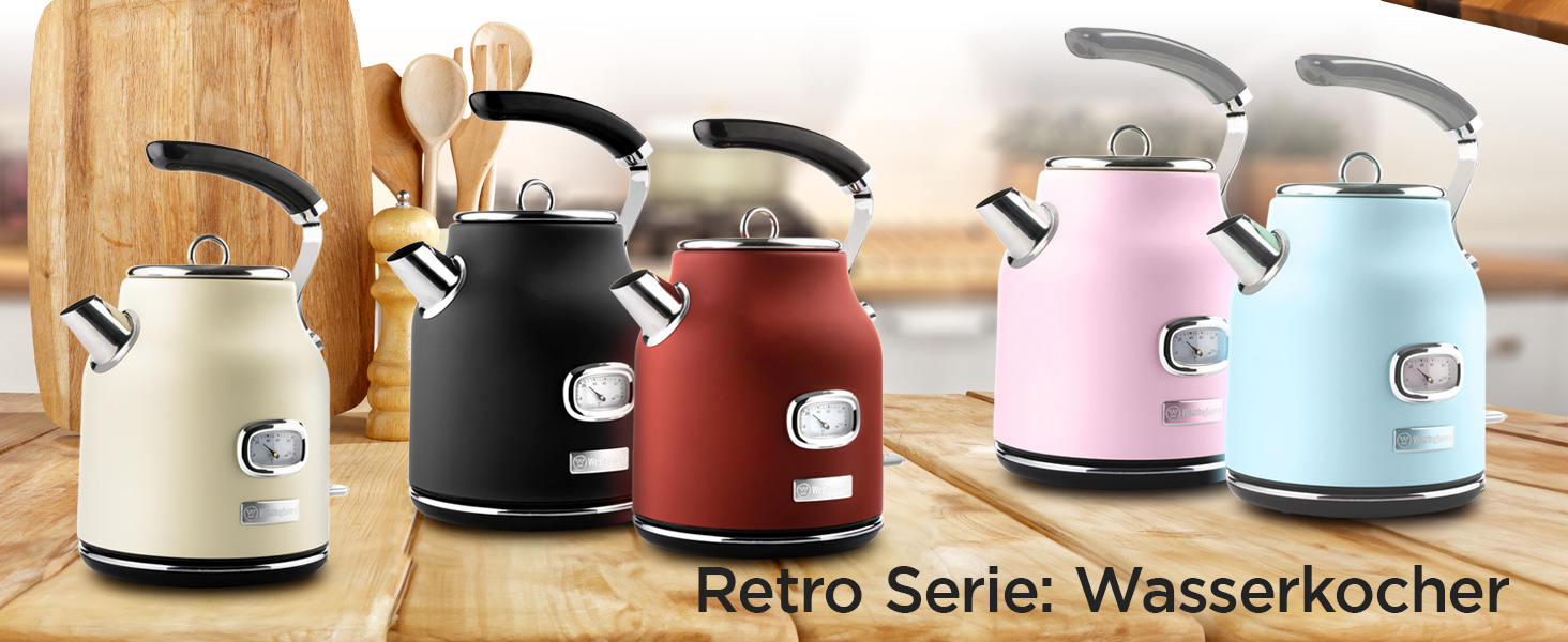 Електричний чайник Westinghouse Retro, 1.7 л, рожевий, з контролем температури та рівня води, з фільтром від накипу та захистом від перегріву