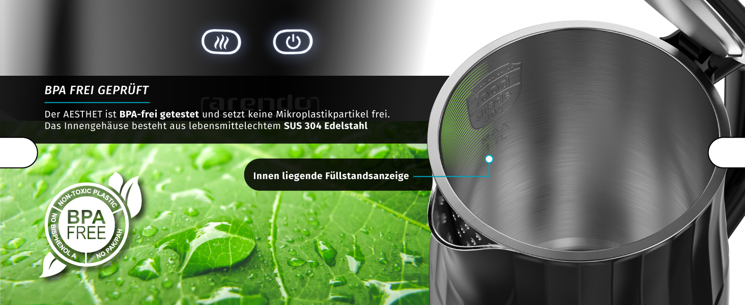 Електричний чайник Arendo з регулюванням температури, нержавіюча сталь, подвійні стінки Cool Touch, дисплей, бездротовий, 2200 Вт, 1,7 л, захист від перегріву, функція підтримання тепла, чорний