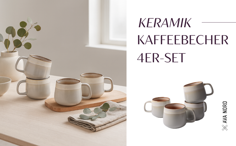 Набір керамічних кавових чашок 4 шт, 470 мл – чашки з фаянсу у скандинавському стилі – великі кавові чашки, чашки для чаю та напоїв – для кави та чаю – підходять для мікрохвильової печі та миття в посудомийній машині, сірий колір