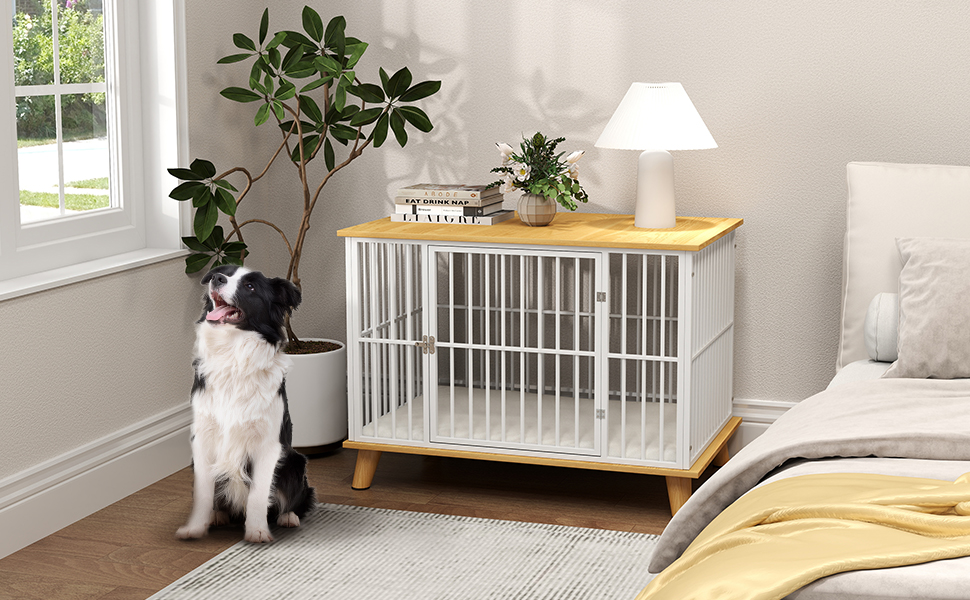 Клітка для собак PawHut з дверима та подушкою, сталева, для дому, середніх собак до 15 кг, 86x60x70 см, колір дуб+білий