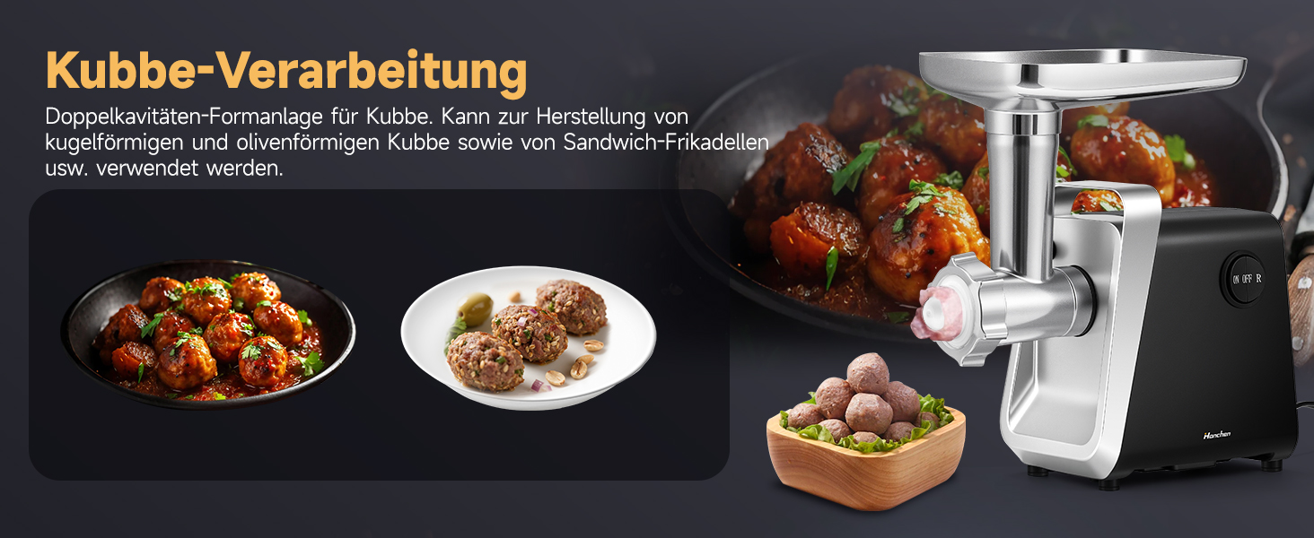 М'ясорубка електрична Hanchen 4-в-1 з насадками для ковбас та печива, 3 диски (3.5/5/7 мм), нержавіюча сталь