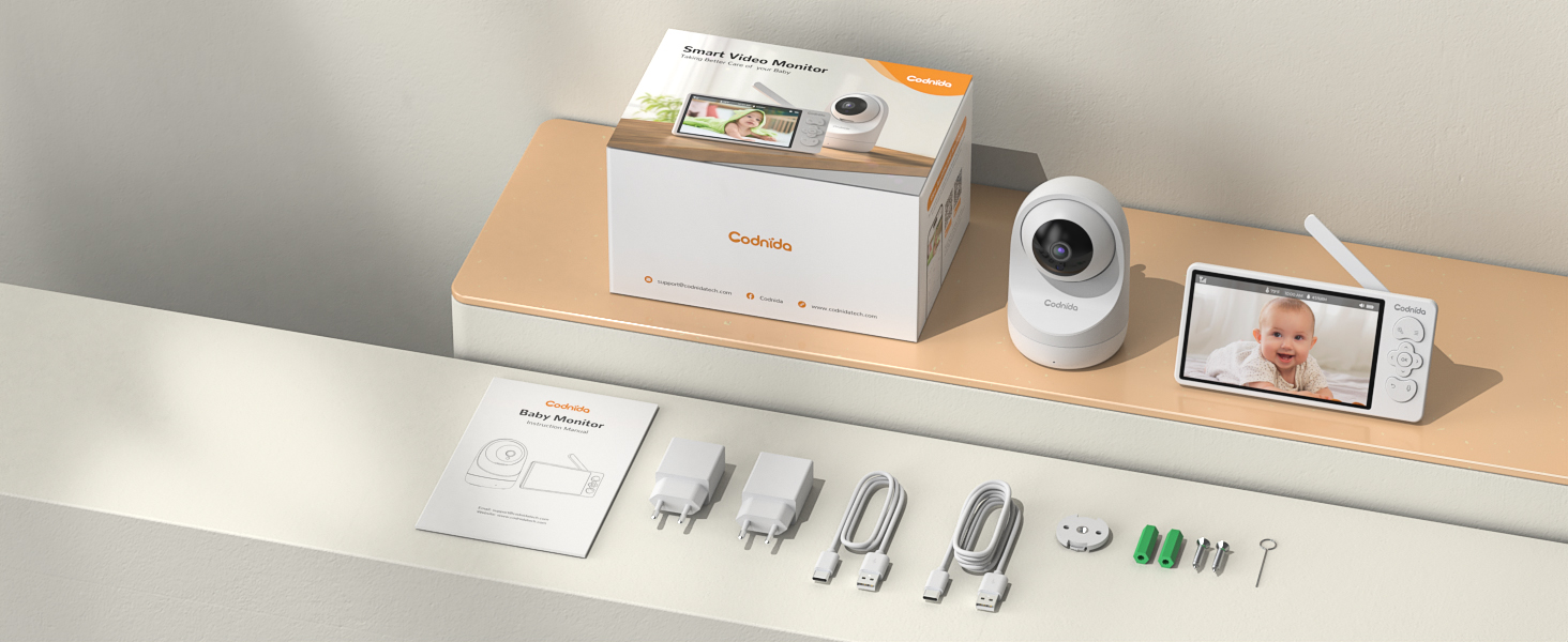 Дитячий відеоняня Codnida з камерою 5.5' LCD, 2K, 3MP HD, Wi-Fi, мобільний додаток, акумулятор 4000mAh, інфрачервона нічне бачення, 2-сторонній аудіо, Vox-режим, 4x зум, інтелектуальний моніторинг, білий