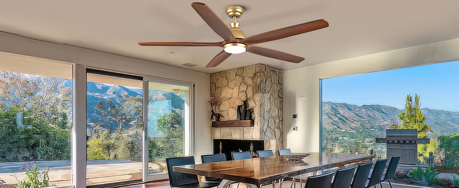 Дзеркальний вентилятор для стелі з дерева, без освітлення, з пультом керування, тихий, для вологого приміщення, 132 см (52 дюйми), коричневий, 5 лопатей