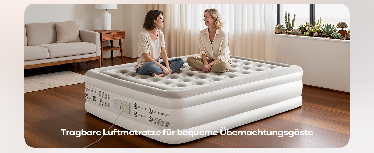 Надувний матрац Premium Luftmatratze з вбудованим насосом для 2 осіб, білий - швидке надування, м'яке флокування, для дому та кемпінгу