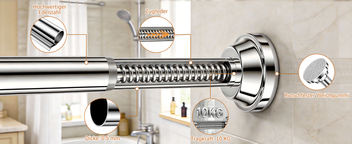 Штанга для душу без свердління, штанга для душу з нержавіючої сталі, стійка до іржі та ковзання, телескопічна висувна штанга 80-250см, для ванної кімнати, вікна, кухні, шафи