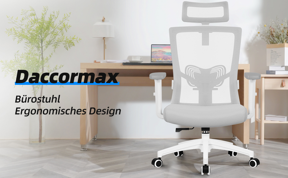 Ергономічне крісло Daccormax для офісу з регульованою підголівником, підлокітниками та підтримкою попереку. Офісне крісло, поворотне, з функцією гойдання, mesh-сидіння, для спини, до 150 кг (сірий)