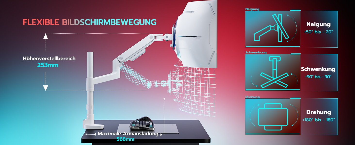 Кронштейн для монітора ARES WING з газліфтом для екранів 17-49 дюймів, білий, навантаження до 20 кг, VESA 75/100