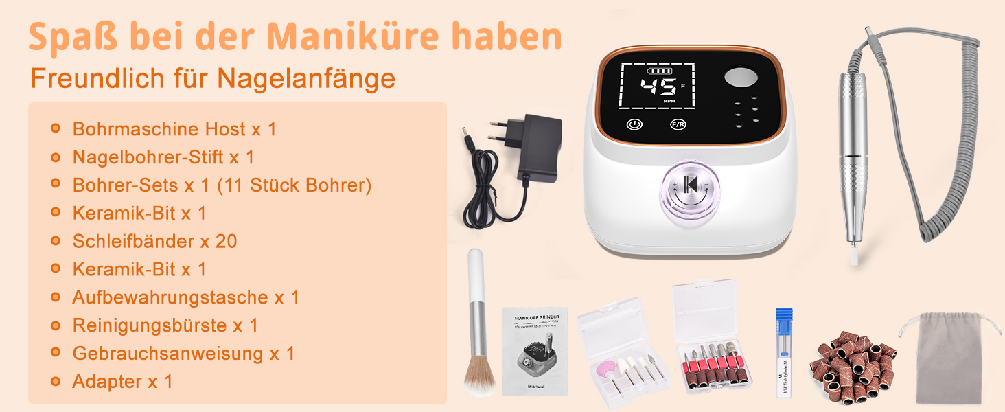 Електрична нігтьова пилка професійна 45000 об/хв з LCD-дисплеєм для гелю та акрилу, з фіксацією біт, набір для манікюру та педикюру, білий