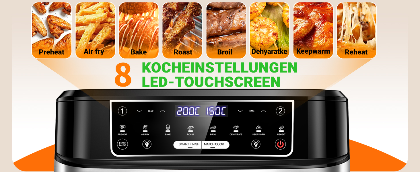 Фритюрниця повітряна подвійна 12л з 8 програмами та рецептами | Регулювання температури до 200°C, срібна