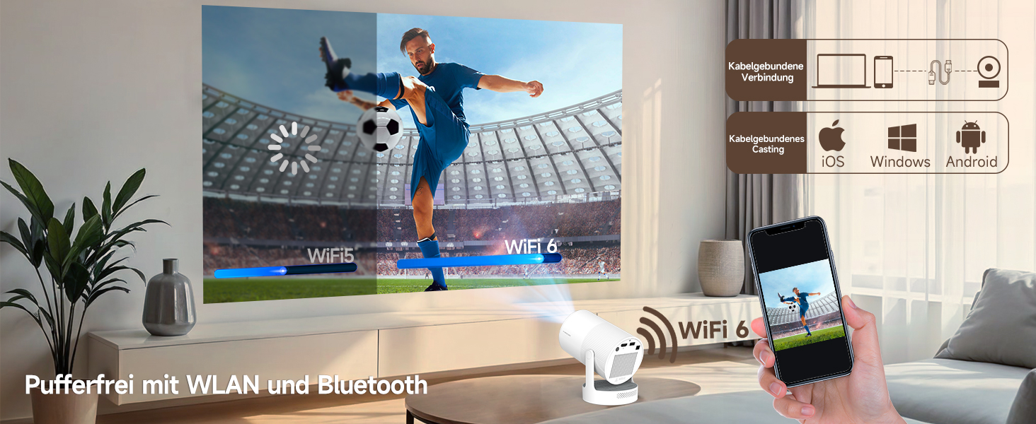 Портативний проєктор Mini Beamer 4K з Android 11: Smart проєктор з електричним фокусом, WiFi 6, BT 5.0, Full HD 1080P, 260ANSI, авто-корекція трапецеїдальних спотворень, 5W динамік