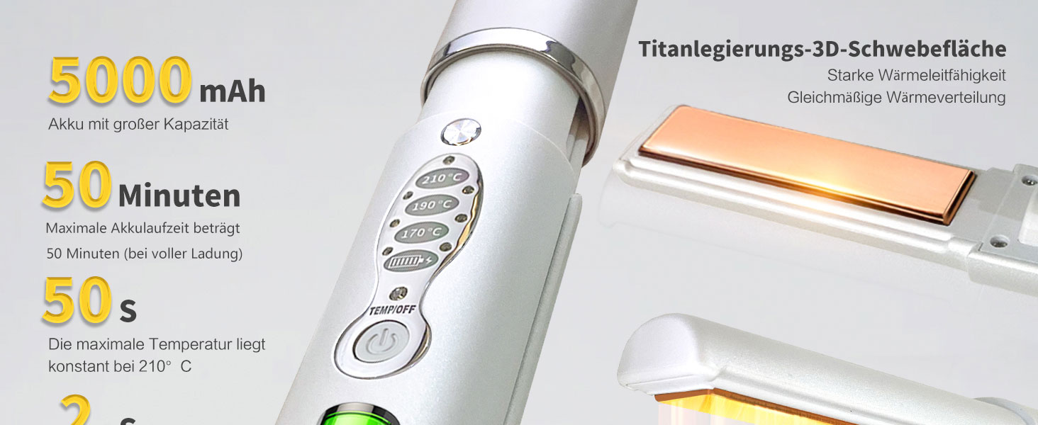 Бездротовий випрямляч для волосся з акумулятором 5000mAh, титанове покриття, 2 в 1 (випрямляч та локони), міні, для подорожей, 3 температурні режими, швидкий нагрів, для всіх типів волосся (білий)