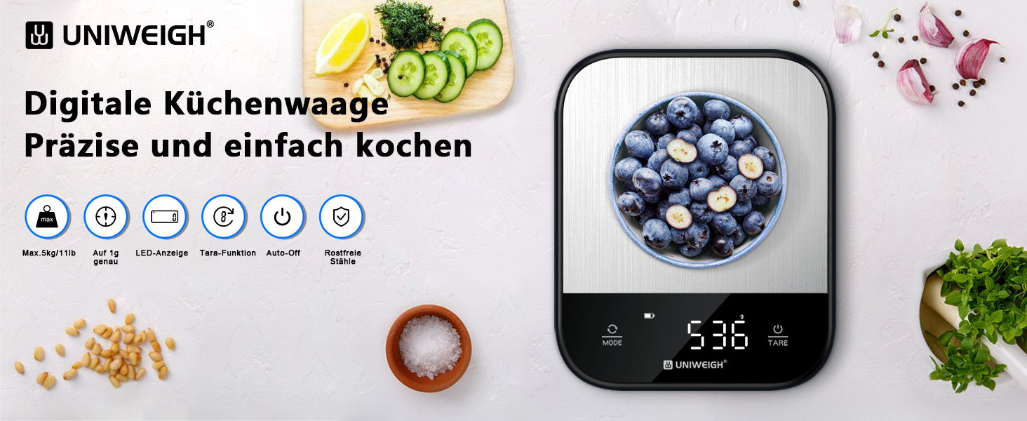 Кухонні ваги UNIWEIGH: цифрова вага для продуктів, грам/унція, випічка, приготування їжі, LED дисплей, функція тарування, нержавіюча сталь, чорний колір