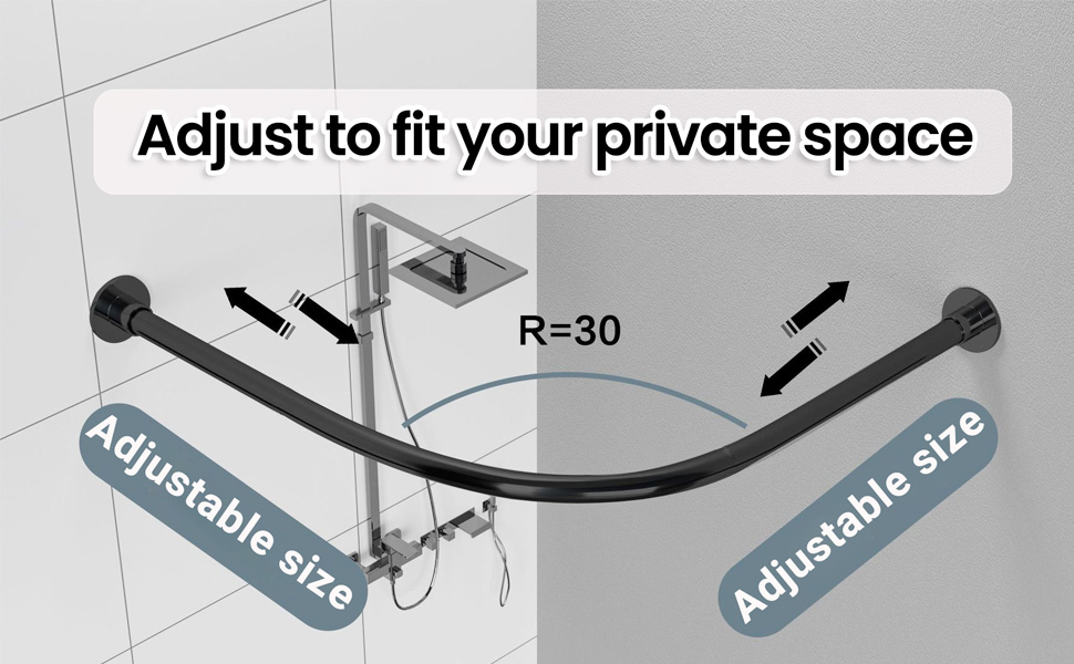Регульована штанга для душу L-подібної форми без свердління, штанга для душу з нержавіючої сталі 304, розширювана кутова штанга для душу, без кріплення до стелі, (Розмір:Колір) (Д 70-95см x 105-165см, Чорний)