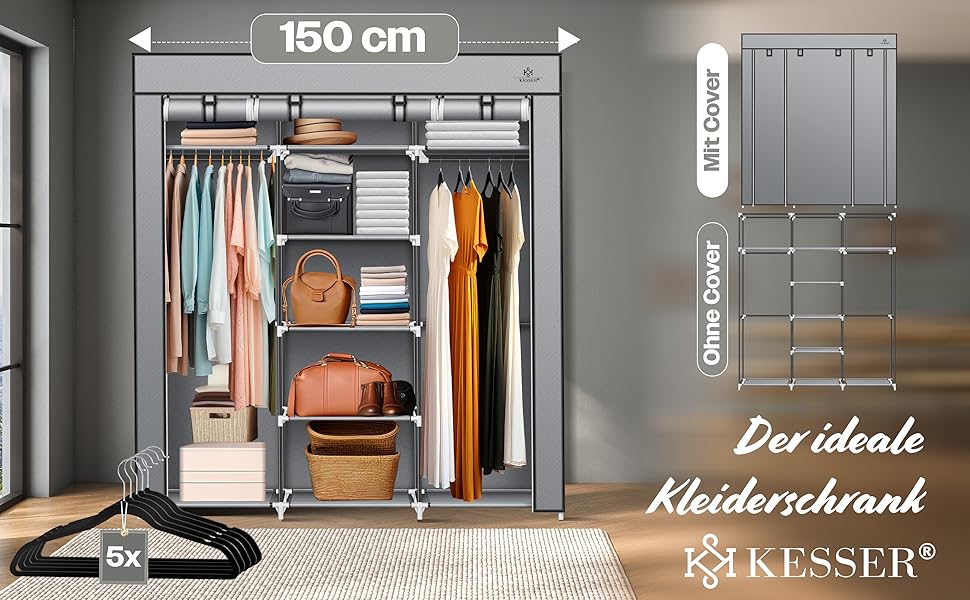 Тканинна шафа для одягу KESSER з полицями та вішалкою, 150x45x175 см, 5 вішаків, сіра, для спальні та гардеробної