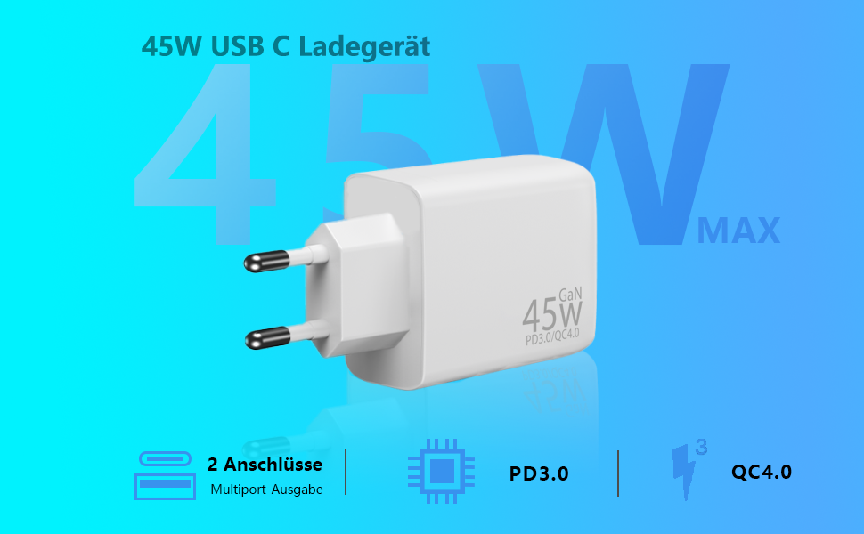 Мережевий зарядний пристрій USB-C 45W з 2 портами, PD 3.0, швидка зарядка для Samsung Galaxy S24/S23/S22, iPhone 16/15/14 Pro Max, iPad, Pixel, мобільні телефони