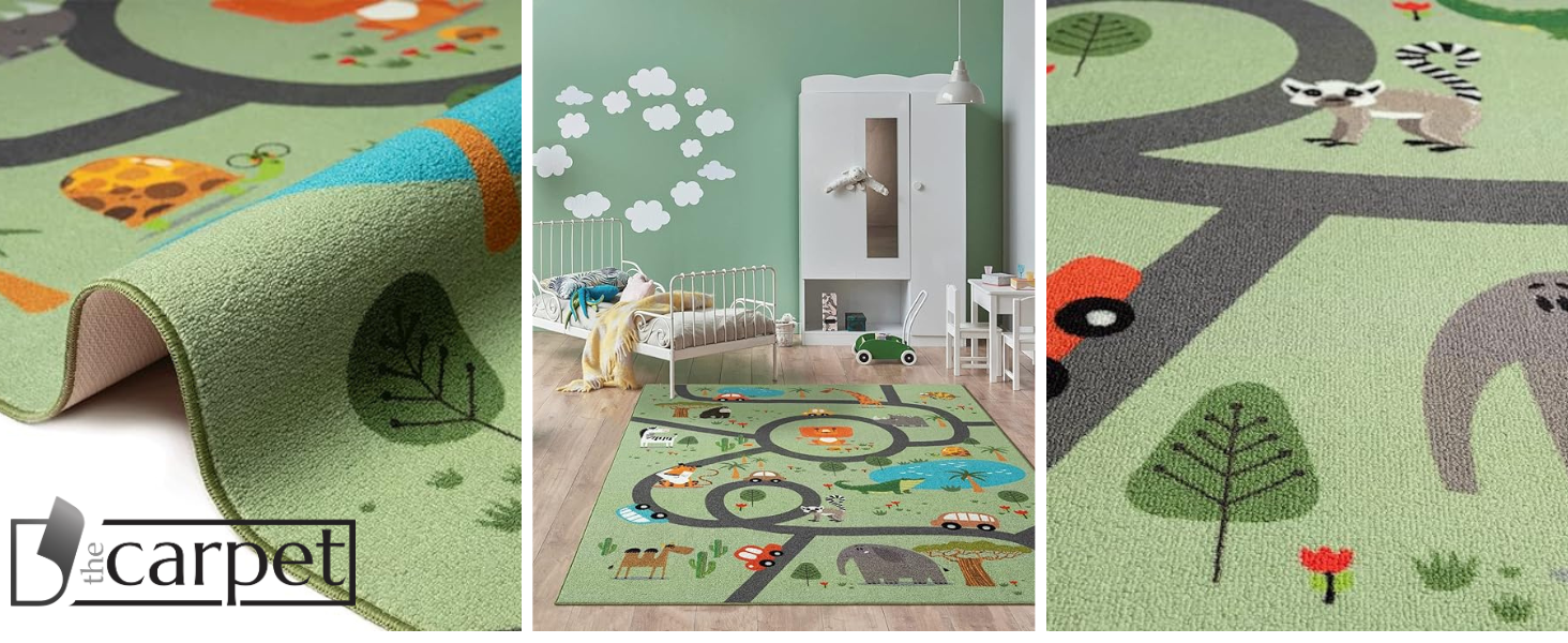 Дитячий килим Happy Life: ігровий килимок з малюнком дороги, джунглі, тварини та машинки, антиковзкий, бежевий 80x150 см