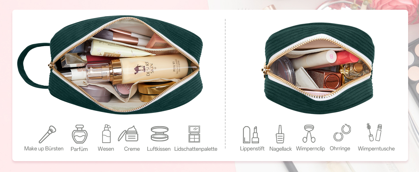 Косметичка жіноча KALIDI з корду, з відділеннями, металева блискавка, для подорожей, зелена