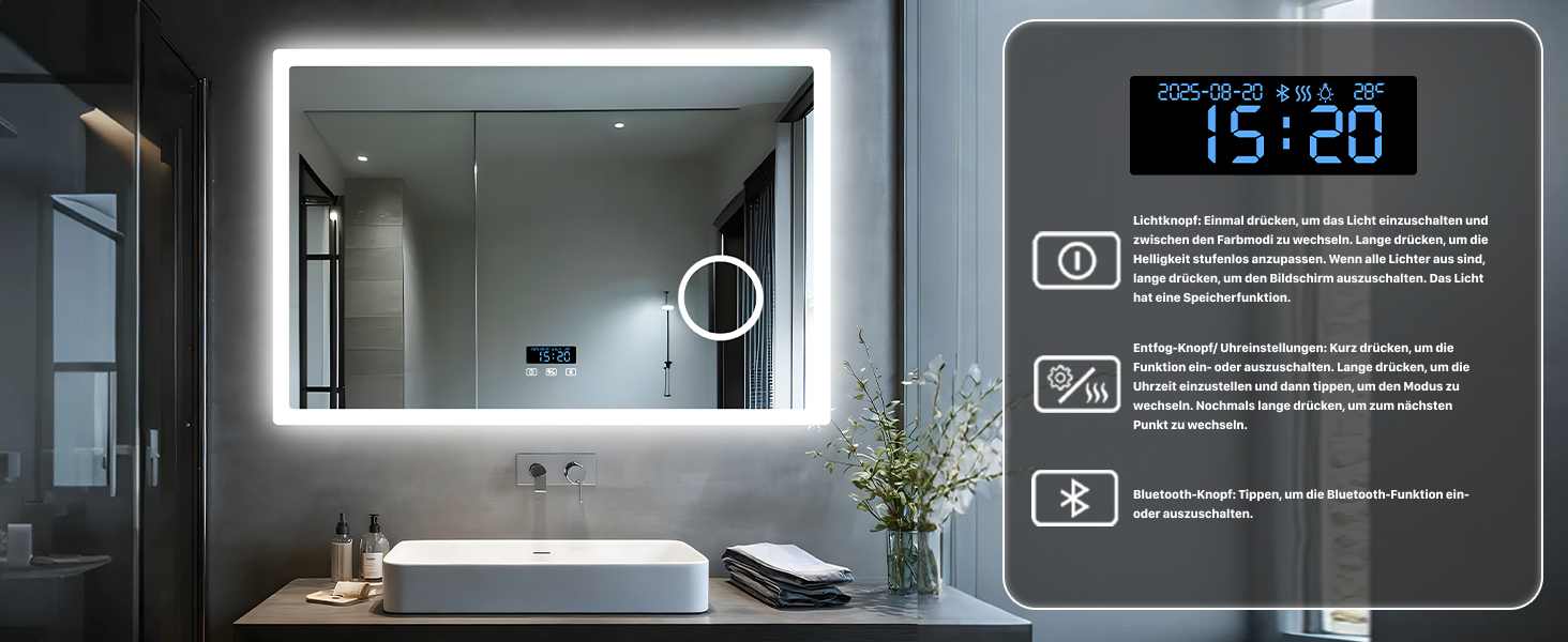 Дзеркало для ванної кімнати LUVODI з підсвічуванням 100x70 см: годинник, температура, дата, проти запотівання, регулювання яскравості, 3 кольори світла, функція пам'яті, LED, Bluetooth, збільшення 3x