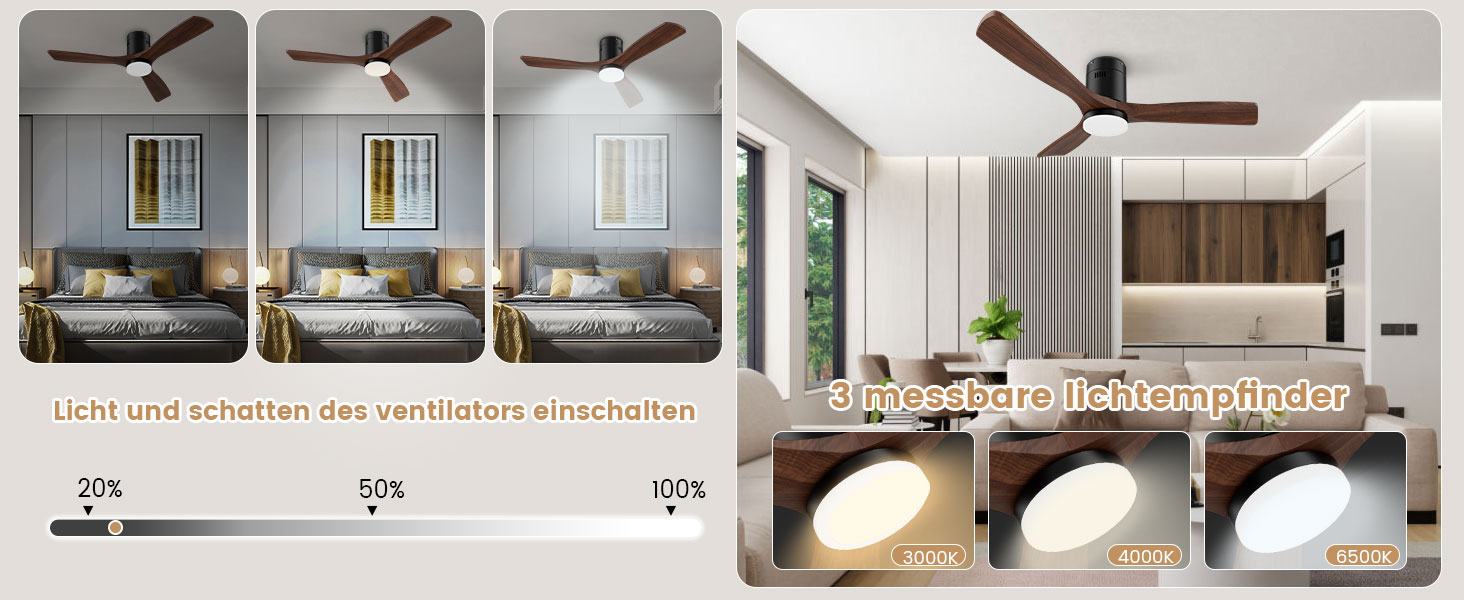 Стеляний вентилятор з дерева з підсвічуванням та керуванням, 132 см, 24W LED, DC-двигун, 6 швидкостей, таймер, пульт дистанційного керування