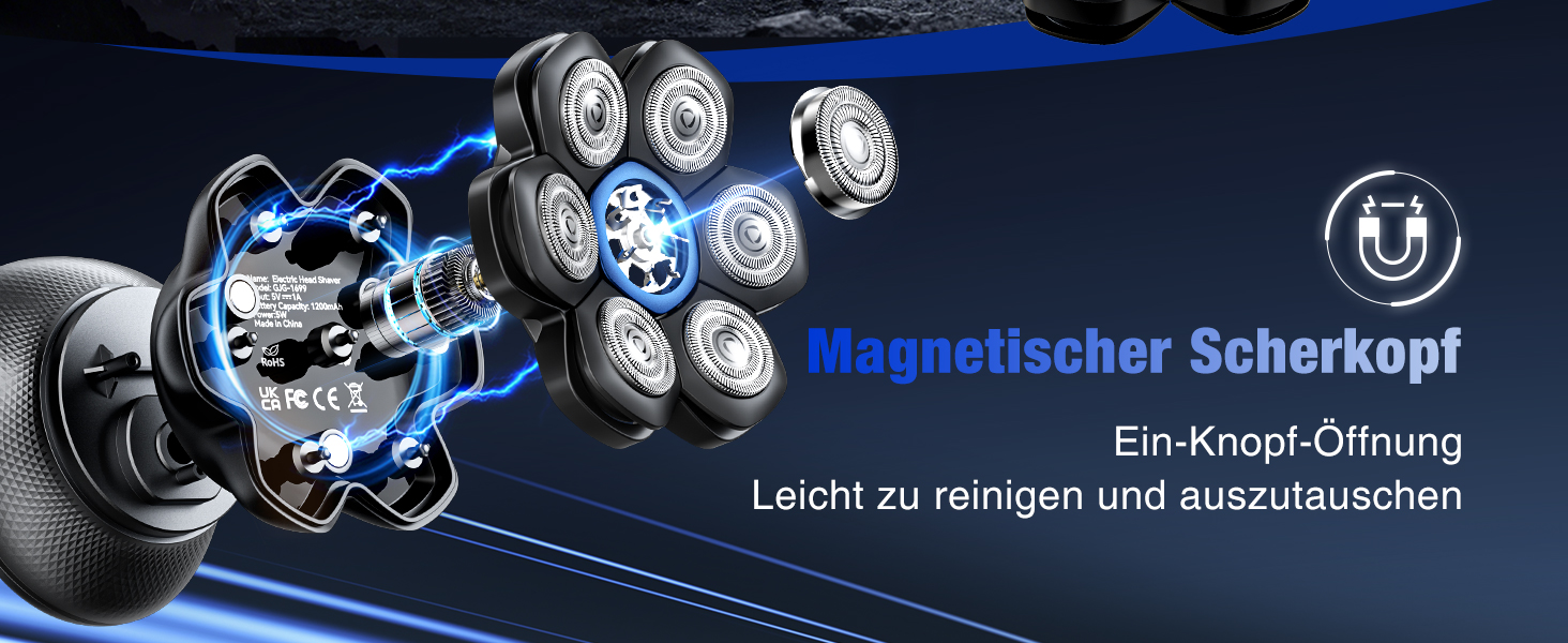 Електрична бритва для гоління голови Glatzen 7D Bold – професійна бритва для лисих, водонепроникна, з акумулятором Type-C, 2 режими, синя