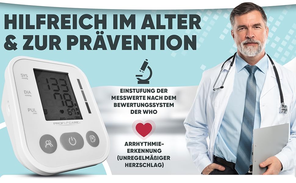 Тонометр ProfiCare® PC BMG 3121 для вимірювання артеріального тиску та пульсу | Виявлення аритмії | Тонометр на плечі з оцінкою ВООЗ | Білий *Модель 2024*