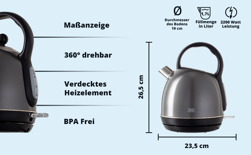 Електричний чайник KHG WK-1711 Retro, зелений, 1.7 л, нержавіюча сталь, з фільтром від накипу, індикатором рівня води, захистом від сухого кипіння та автоматичним вимкненням, прихований нагрівальний елемент, BPA-free, 2200 Вт