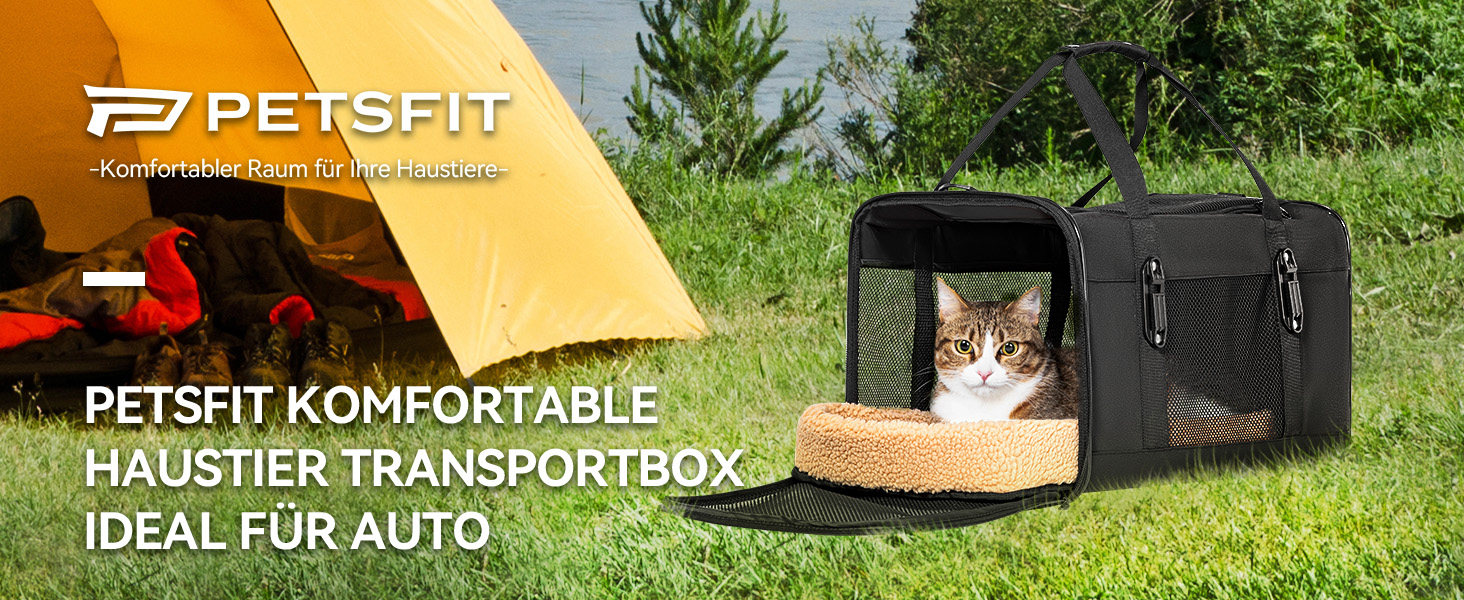 Транспортна переноска для кота та маленького собаки Petsfit, чорна, середнього розміру, з м'яким килимком та патентованими застібками