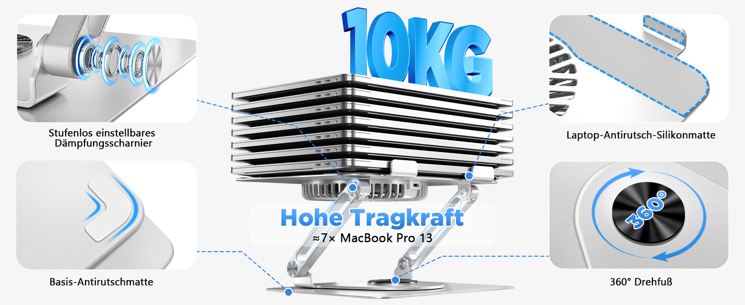 Підставка для ноутбука ICARE з магнітним кулером, 360° обертання, до 10 кг, тиха (18dB), для ноутбуків та планшетів до 16 дюймів, срібна