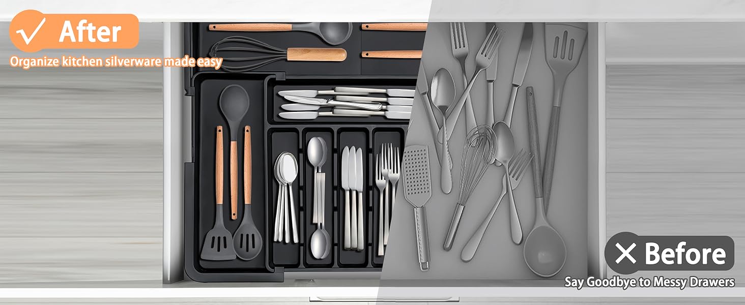 Органайзер для столових приборів в шухляду, розширюваний, чорний - Кухонний органайзер для шухляди