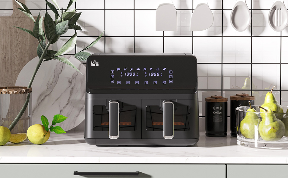 Фритюрниця HOMCOM з двома зонами, 8 л, 2500 Вт, 8 програм, антипригарне покриття, чорна