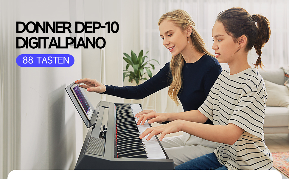Електронне піаніно Donner DEP-10S 88 клавіш, напівзважені, для початківців, з підставкою та педаллю, чорне