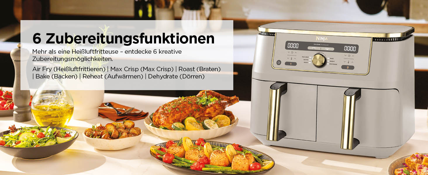 Фритюрниця Ninja Dual Zone Digital Air Fryer 9.5L з двома відсіками, 6-в-1, Stone/Gold DZ400EUSTGD