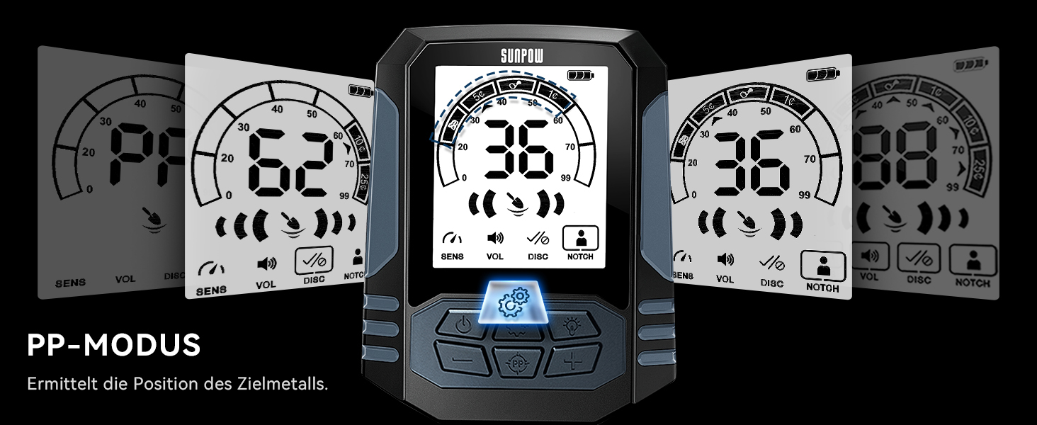 Металошукач SUNPOW для дорослих – водонепроникний, з лопатою, рюкзаком та навушниками, IP68, 11' Dual-D, 35h Li-Akku, 10 рівнів чутливості, 4 режими пошуку, 7-Metall ID, A-Schwarz